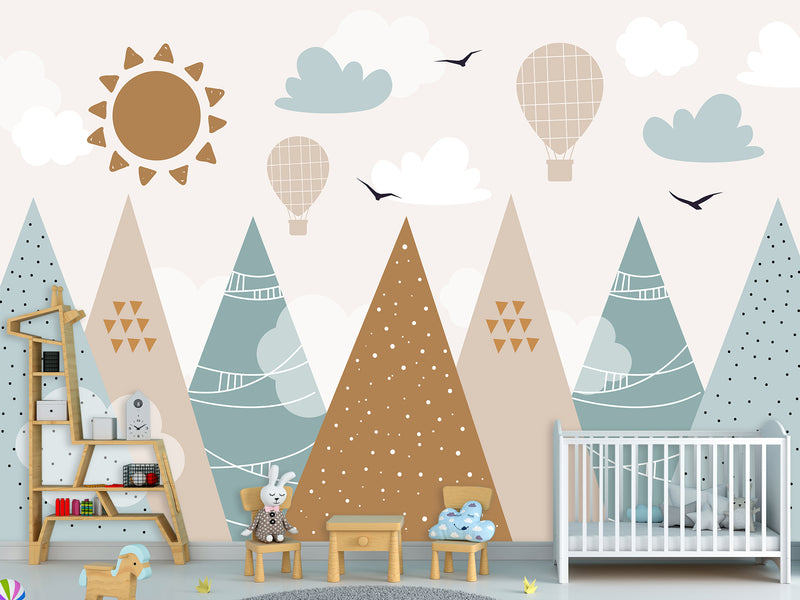 Self-Adhesive Wallpaper In Soft Colors For Kids Room "Balloon Flight Over The Mountains" Design For Playroom