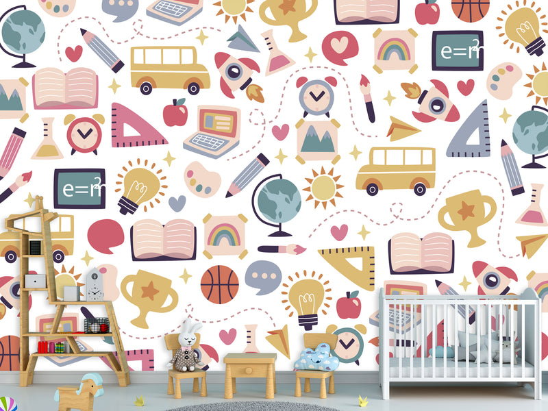 Peel & Stick Mural Full Wall Print For Kids Room "School-Themed Collage" Design for Kids' Study Area