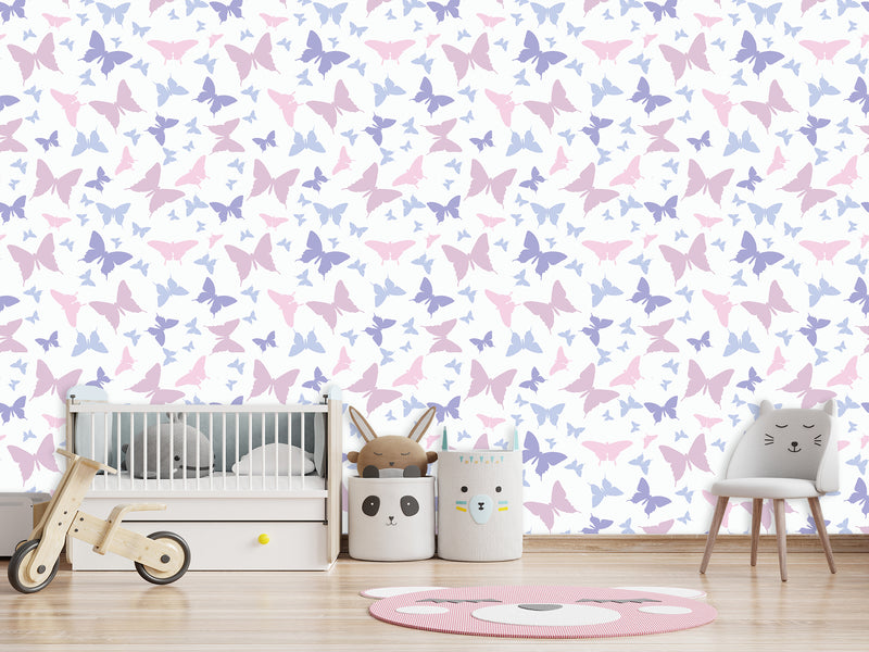 Unique Wall Mural with Butterfly Print, Peel and Stick Wallpaper, Art Print for Nursery or Baby Room 'Colorful Butterfly Silhouettes' 🦋