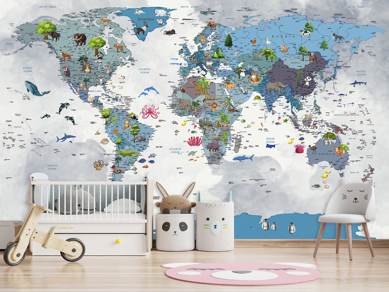 Full Wall Print For Kids Room – Peel and Stick Vinyl Mural Kids World Map With Animals