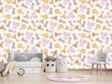 Baby Savannah Animals Self-Adhesive Wallpaper For Kids Room, Print With Lions, Elephants, Giraffes, And Monkeys