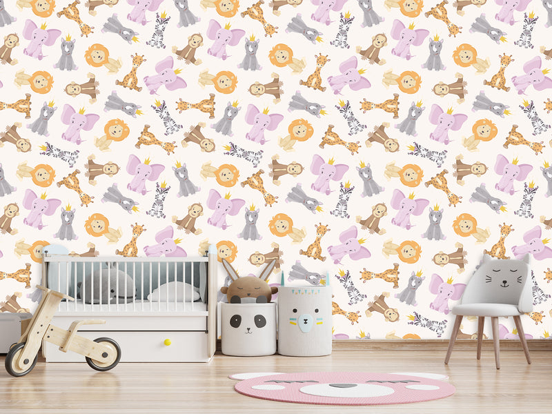 Baby Savannah Animals Self-Adhesive Wallpaper For Kids Room, Print With Lions, Elephants, Giraffes, And Monkeys