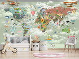Non-Woven Mural 3D Effect Kids' World Map Wallpaper with Funny Animals – Wall Mural for Children’s Room