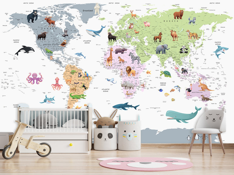 Self-Adhesive Full Wall Kids' World Map Wallpaper – Soft Colors for Kids' Room & Playroom