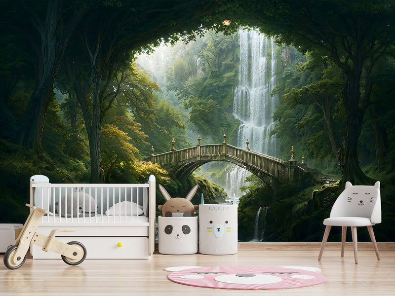 Kids’ wallpaper, creative design Peel and Stick mural for children’s room, art print "Elven Forest with Bridge" 🌿🧚