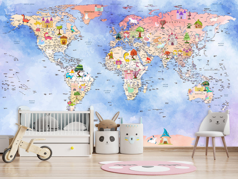 Peel and Stick Vinyl Wallpaper Magical World Map Mural for Kids – Interactive & Educational