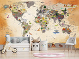 Non-Woven Mural 3D Effect Kids' World Map Wallpaper with Dinosaurs – Wall Mural for Children’s Room
