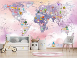 Self-Adhesive Kids Wallpaper World Map In Purple And Pink Mural – Art Decor For Magical Kids' Room