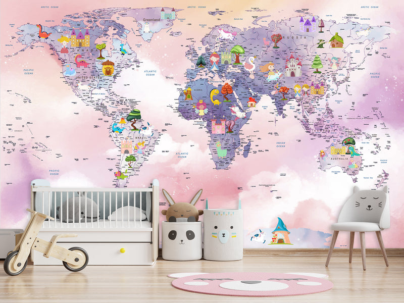 Self-Adhesive Kids Wallpaper World Map In Purple And Pink Mural – Art Decor For Magical Kids' Room