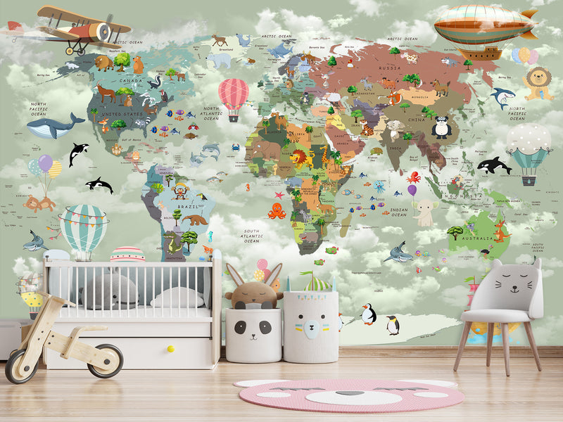 Decor for Kids room, Vinyl Wallpaper Peel and Stick with the pattern “Kids map of the world”