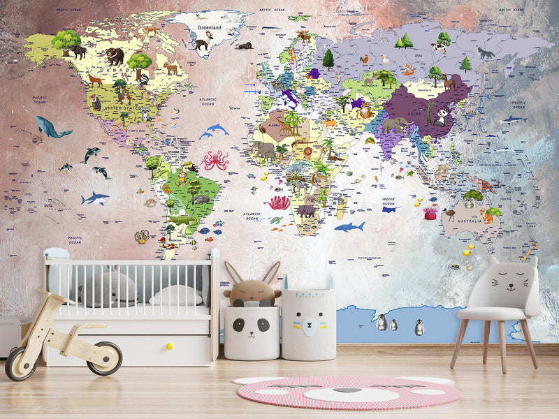 Art Design For Kids Room Self-Adhesive Wallpaper World Map Educational Kids Room Mural Playroom