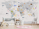 Peel and Stick Vinyl Wallpaper Minimalist Kids' World Map Mural in Grey – Wall Mural for Children’s Room