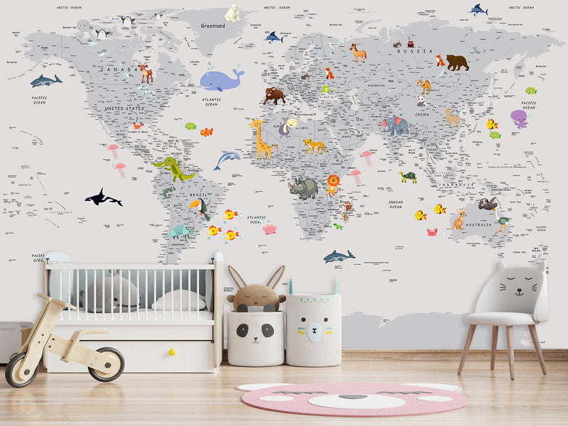 Peel and Stick Vinyl Wallpaper Minimalist Kids' World Map Mural in Grey – Wall Mural for Children’s Room