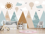 Self-Adhesive Wallpaper In Soft Colors For Kids Room "Balloon Flight Over The Mountains" Design For Playroom