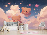Cartoon Background Peel and Stick Mural For Kids Room Or Nursery "Cute Teddy Bears Among Stars On Clouds"