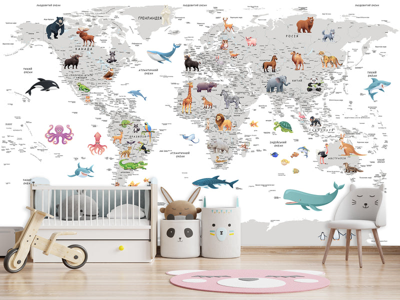 Decor for Kids room, Peel and Stick vinyl interactive World Map Wallpaper – Educational Design for Kids' Room