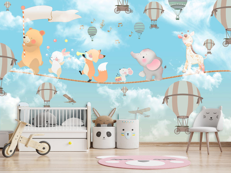 Non-Woven Photo Wallpaper for Kids' Room Circus Animals on a Rope Soft & Gentle Design