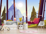 Non-Wowen Wallpaper Wallpaper For Toddlers – Camping In The Forest Cartoon-Style Kids Room Decor