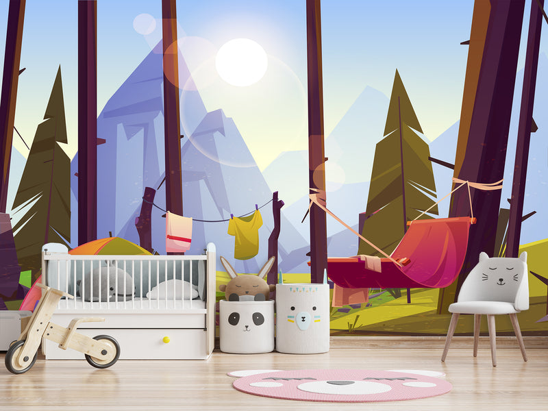 Non-Wowen Wallpaper Wallpaper For Toddlers – Camping In The Forest Cartoon-Style Kids Room Decor