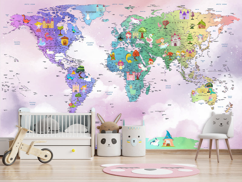 Peel and Stick Vinyl Wallpaper Rainbow-Colored Kids' World Map Mural – Interactive Print for Kids' Room