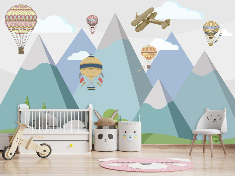 Peel & Stick Mural Full Wall Print For Kids Room Hot Air Balloon Race Over Mountains