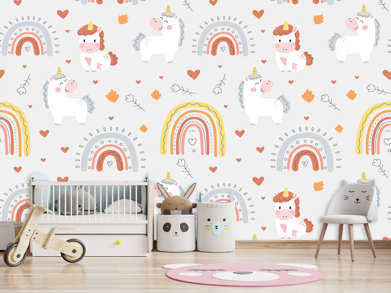 Peel and stick mural on the wall for the kid room Rainbow Unicorn Wallpaper for Kids – Cute & Magical Tots Wall Design