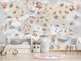 Decor for Kids room, Non-Woven Mural Wall-Sized Wallpaper "Kids' World Map With Hidden Animals"