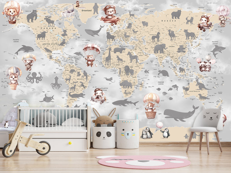 Decor for Kids room, Non-Woven Mural Wall-Sized Wallpaper "Kids' World Map With Hidden Animals"