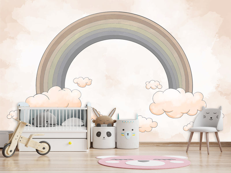 Non-Woven Wallpaper Kids Room Design – Rainbow Among Pink Clouds, Wall Decor For Boys And Girls