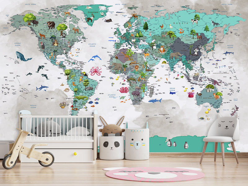 Non-Woven Wallpaper Full Wall Mural Kids World Map Wallpaper – Educational & Colorful Wall Decor