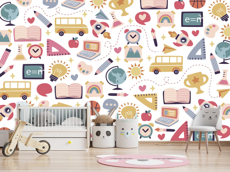 Peel & Stick Mural Full Wall Print For Kids Room "School-Themed Collage" Design for Kids' Study Area