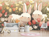 Vinyl Wallpaper Peel and Stick Mural for Kids' Room, Playroom, or Relaxation Area – "Bunnies in a Flower Field"