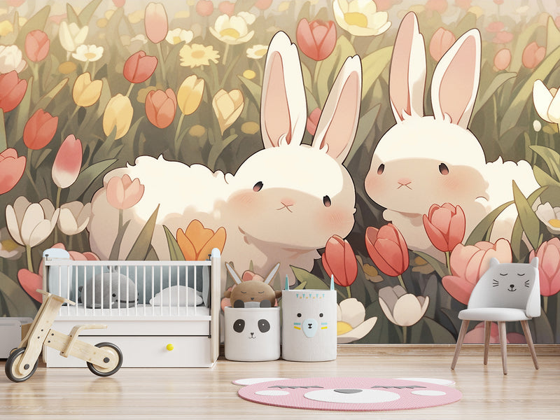 Vinyl Wallpaper Peel and Stick Mural for Kids' Room, Playroom, or Relaxation Area – "Bunnies in a Flower Field"