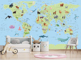 Self-Adhesive Kids' Wall Mural Full Size – Green World Map Design on Sky Blue Background