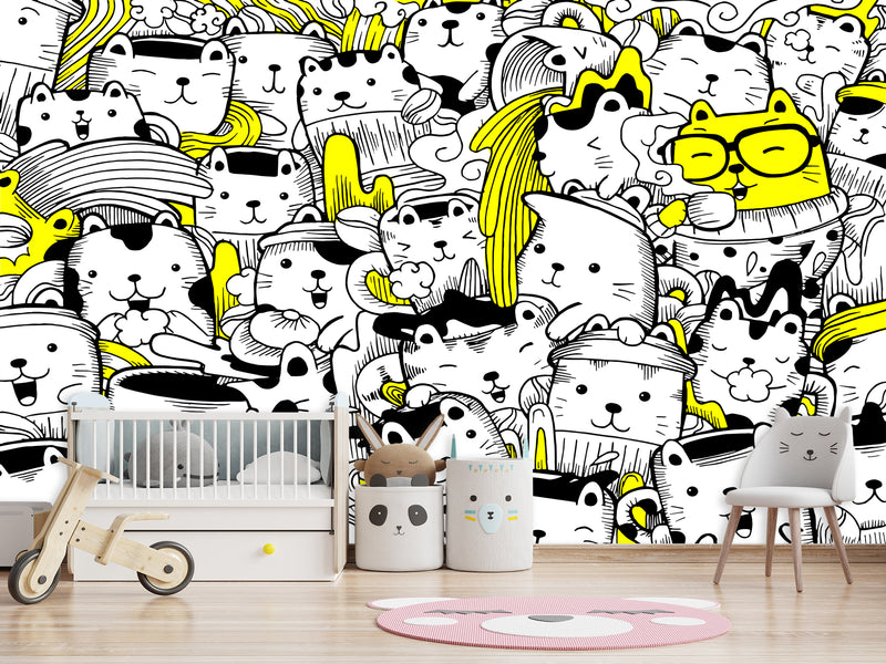 Peel & Stick Wall Mural for Office or Bedroom, Kids Room  – 'Busy Cats' Unique Wall Print