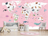 Print for Kids' Room Full Wall Self-Adhesive Wallpaper – Kids' World Map on Pink Background