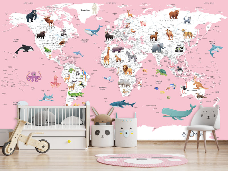 Print for Kids' Room Full Wall Self-Adhesive Wallpaper – Kids' World Map on Pink Background