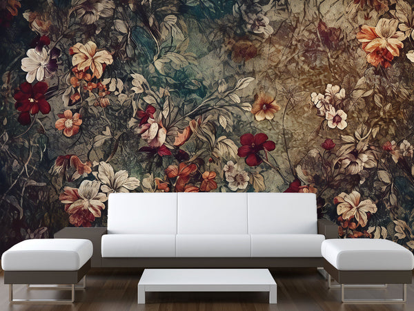 Floral Print Traditional Eco-Friendly Odorless Wall Mural For Living Room Or Bedroom In Vintage Style ‘Botanical Composition