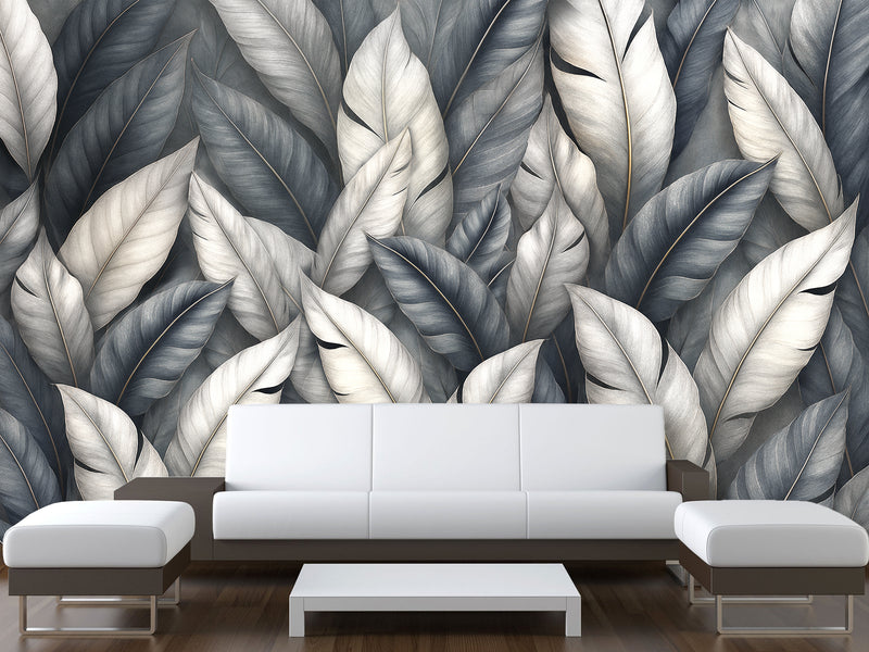 High-Quality Nature Print Self-Adhesive Wallpaper – Wall Print Mural for Bedroom, "Silver Leaves: A Play of Light and Shadow"