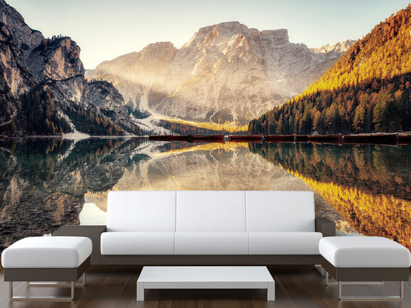 Natural Print Stunning Landscape Traditional Wall Murals for Living Room, Office, Study Full Wall Design "View of Lake Braies" 🌿