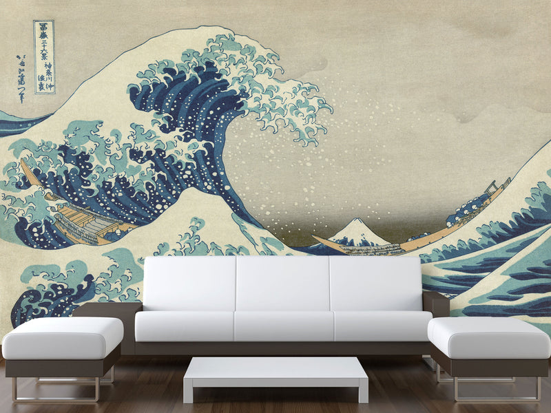 Non-Woven Full Wall Vintage Style Art Print Wallpaper, Japanese Style "The Great Wave Off Kanagawa"