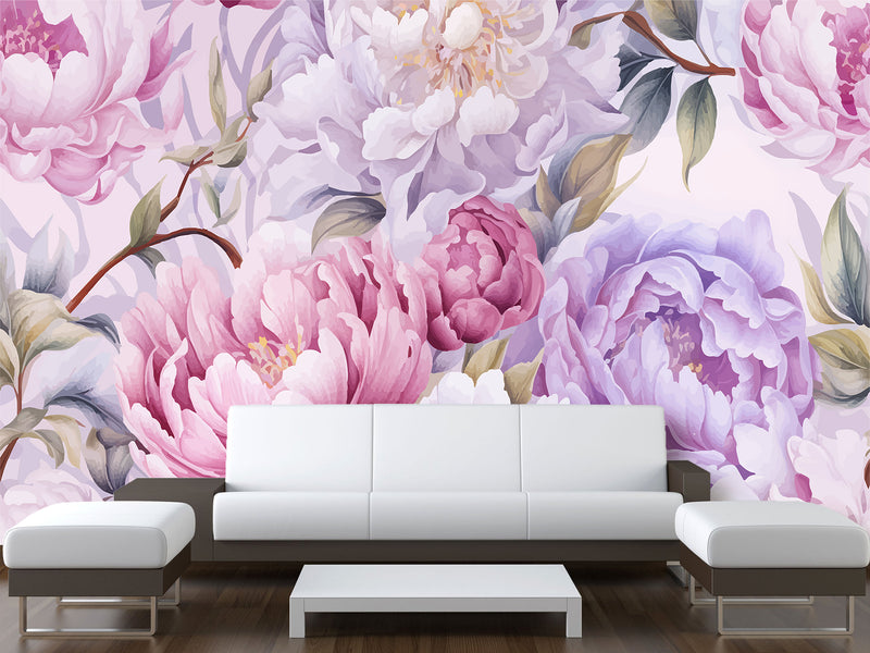 Floral Print Vinyl Wallpaper  Peel and Stick for Bedroom or Living Room – "Violet Peonies"