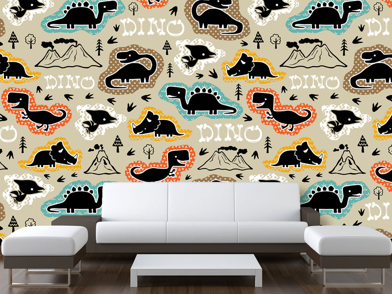Dino Print Vinyl Peel and Stick Mural For Teen Room, Statement Wall In Office Or Workout Zone "Various Dinosaurs"