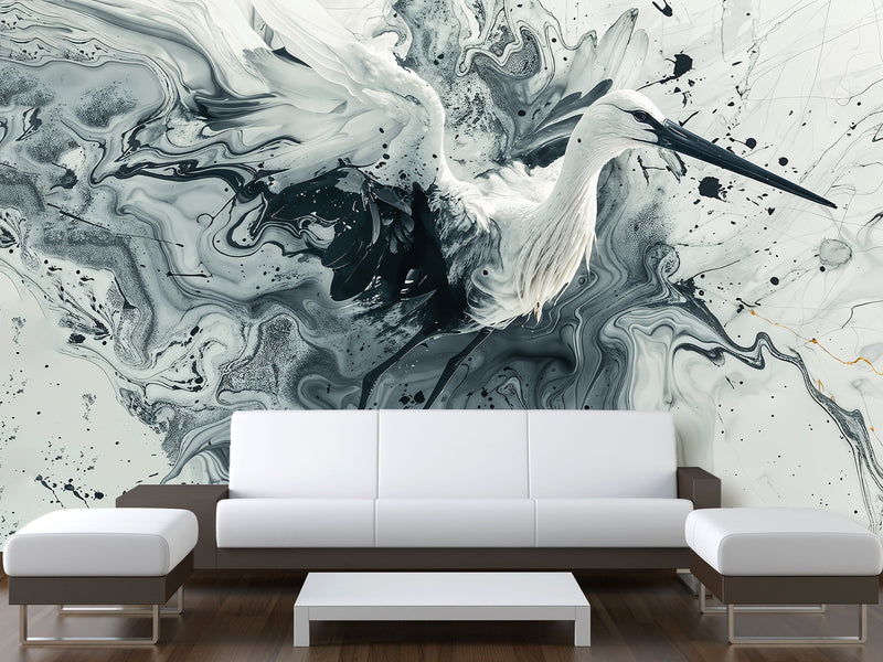 Full-Wall Peel and Stick Wallpaper – Art Print "Dance of the Stork in Abstraction" Mural for Office, Study, or Living Room