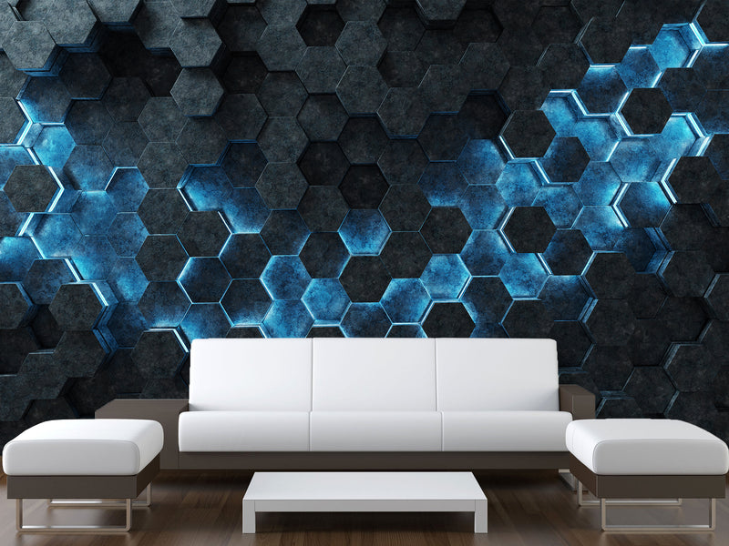 Non-Woven Wallpaper for Office & Home Workspace – Modern Wall Decor – Black-Blue Hexagons