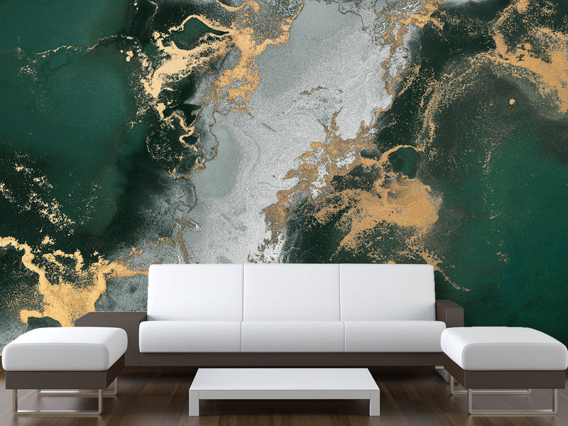 Art Print Accent Wall Self-Adhesive Wallpaper "Gray-Green Abstract Marble" – Decor for Bedroom, Living Room, Office