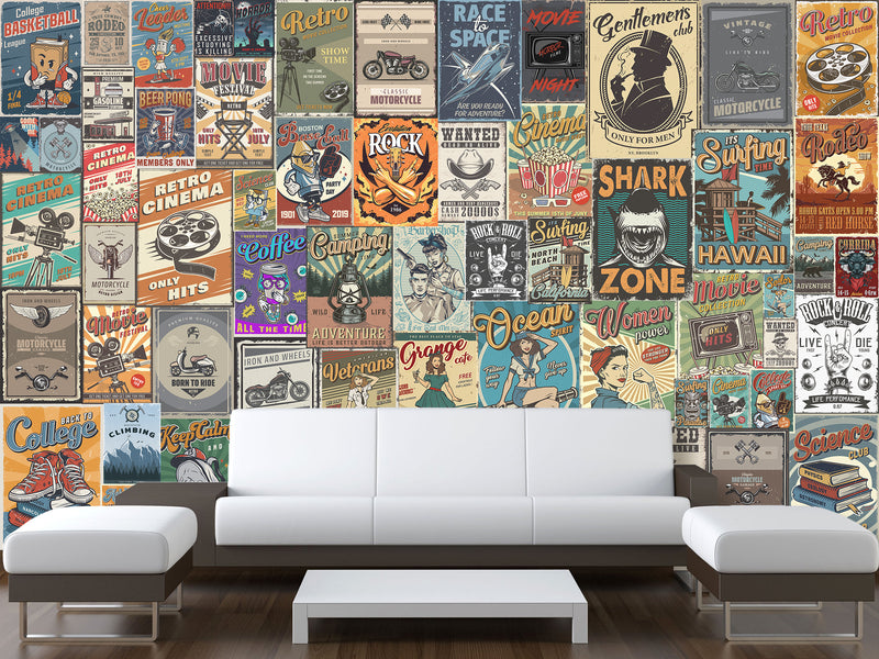 Wall mural Retro Poster Wallpaper – Vintage Ad Style Decor For Gym Or Recreation Room