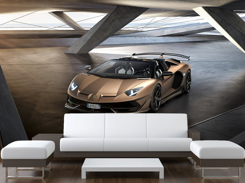 Premium Non-Woven Wallpaper for Teen Room - Lamborghini Aventador Gold 3D Wall Mural