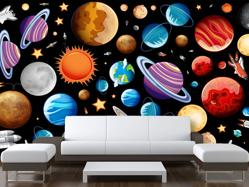 Self-Adhesive Full-Wall Wallpaper, In-House Production — Wall Mural For Living Room Or Kids’ Room “Vibrant Planets”.