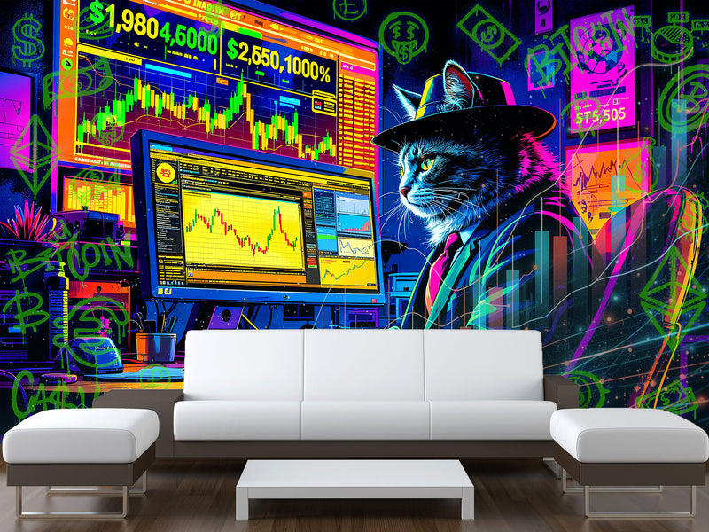 Strategy And Development Vinyl Wallpaper Peel and Stick "Holographic Hacker Cat", Desing For Bedroom And Office